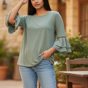 Lildy Sage Green Crochet Accent Ruffle Bell Sleeve Tunic Top SM Boho Shabby Chic